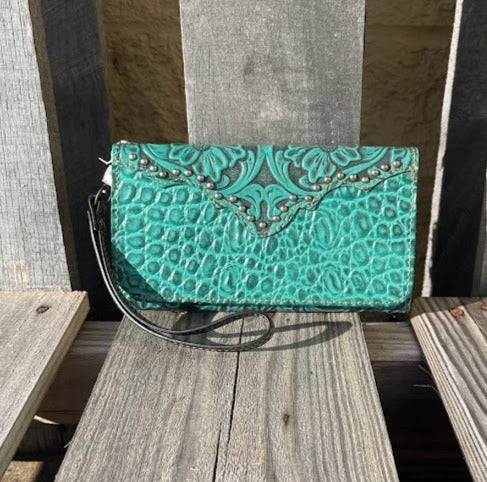 Turquoise tooled leather phone case wallet. Rear View