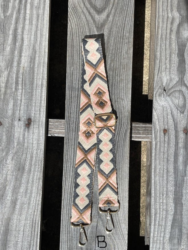 Grey and Tan geometric print design purse strap.