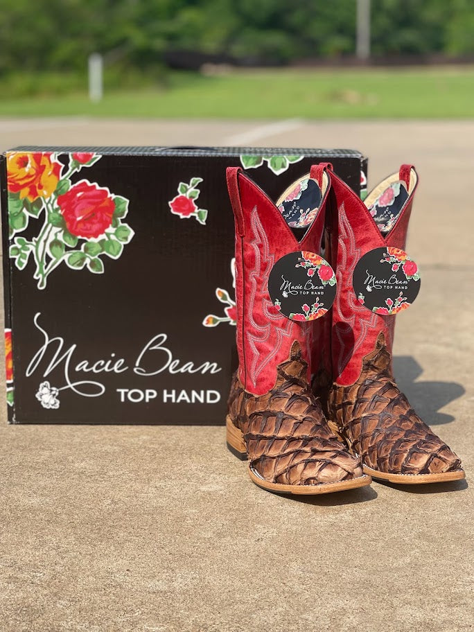 Women's Macie Bean Top Hand M2007 Distressed Brown Big Bass with Red Sinsation Top Square Toe Boot (SHOP IN-STORE TOO)
