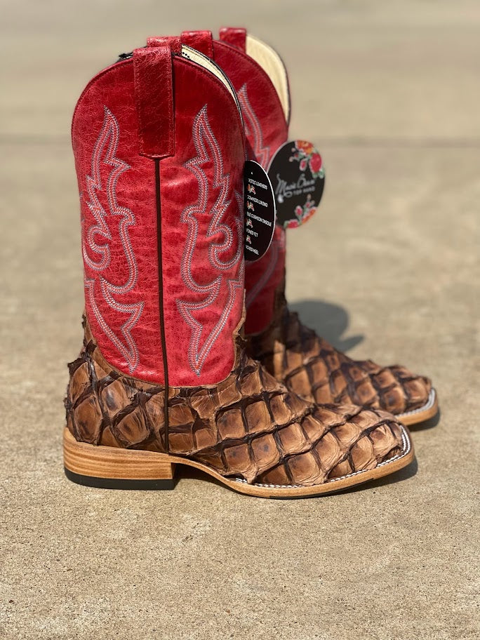 Women's Macie Bean Top Hand M2007 Distressed Brown Big Bass with Red Sinsation Top Square Toe Boot (SHOP IN-STORE TOO)