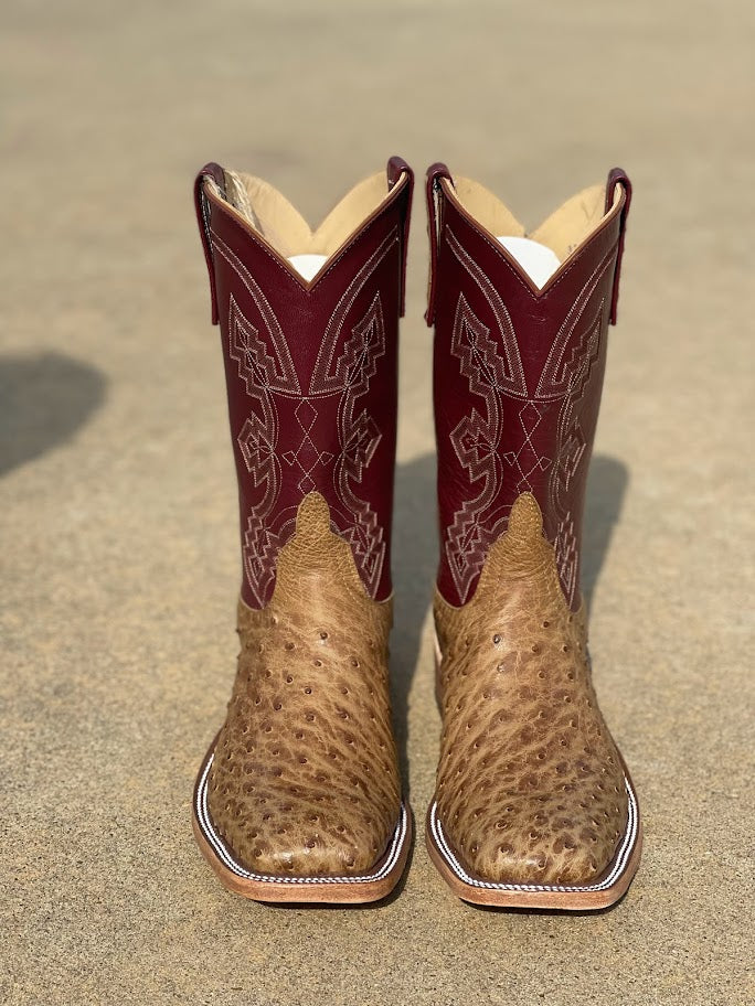 Men's Anderson Bean square toe boots with Terra Vintage Full Quill Ostrich vamps and Matador Kidskin tops with a detailed stitch pattern and ostrich overlay on pull straps. Front View