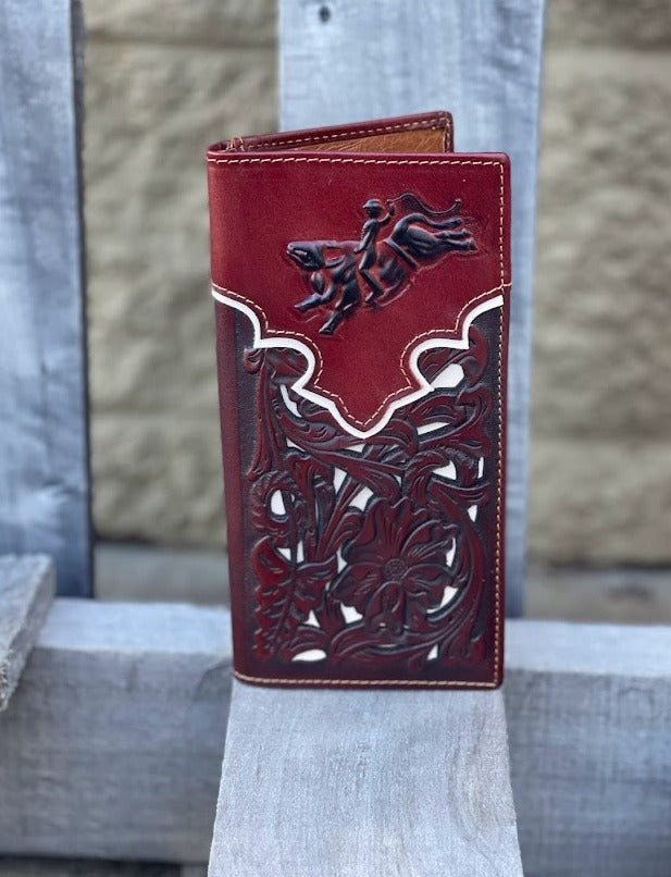 Brown leather tall wallet with embossed Bull Rider design and a beige inlay. Front View