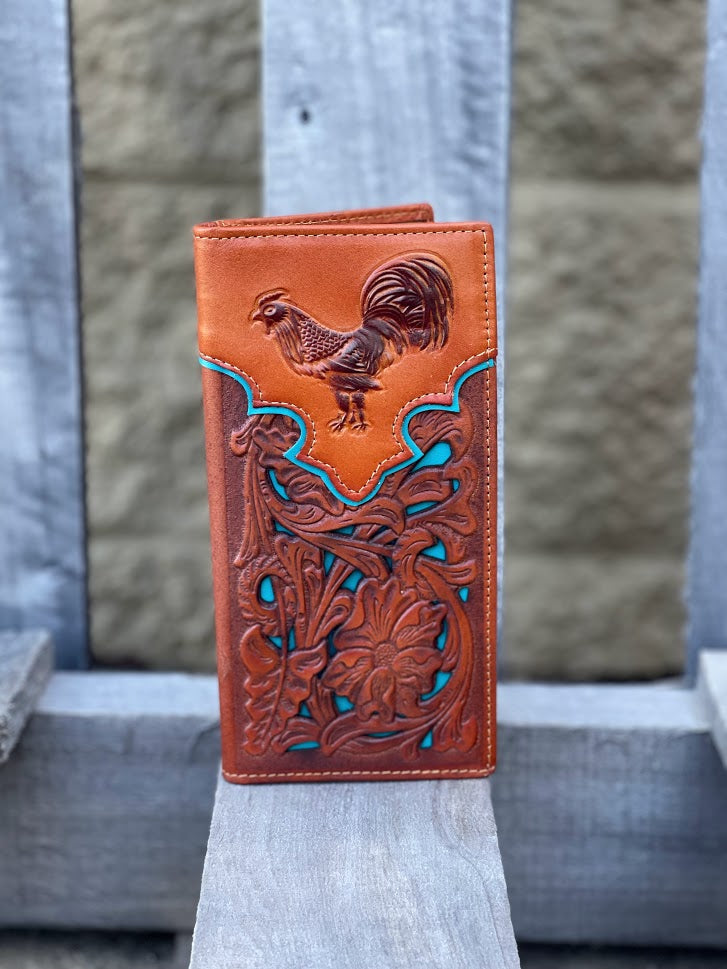 Light Brown tall leather wallet with Turquoise inlay featuring a embossed Rooster design. Front view
