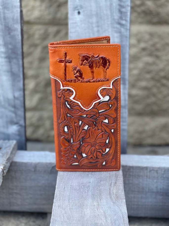 Light Brown tall leather wallet with Beige inlay and a embossed Praying Cowboy design. Front View