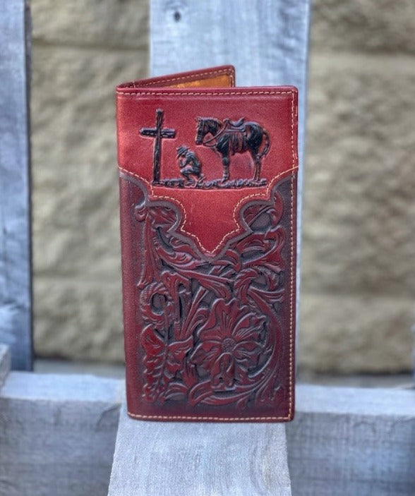 Brown leather tall wallet with a Brown inlay featuring a embossed Praying Cowboy design. Front View