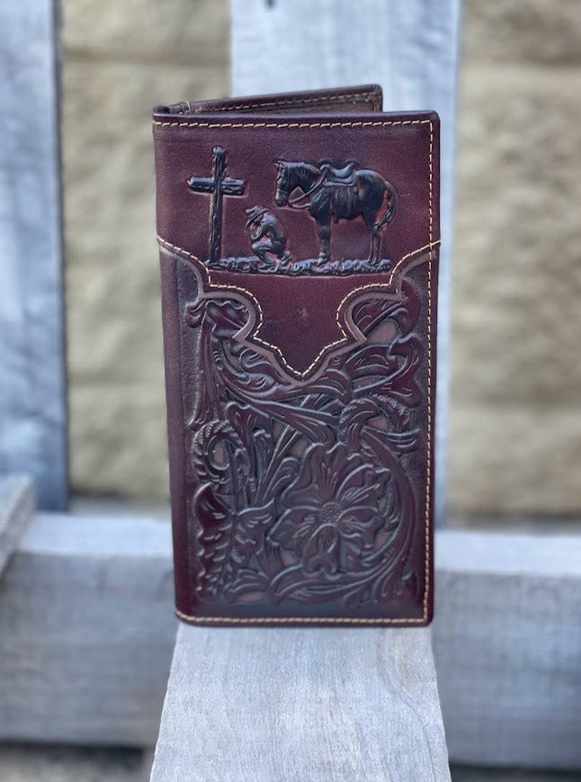 Coffee Brown leather tall wallet with a Brown inlay and a embossed Praying Cowboy design. Front View