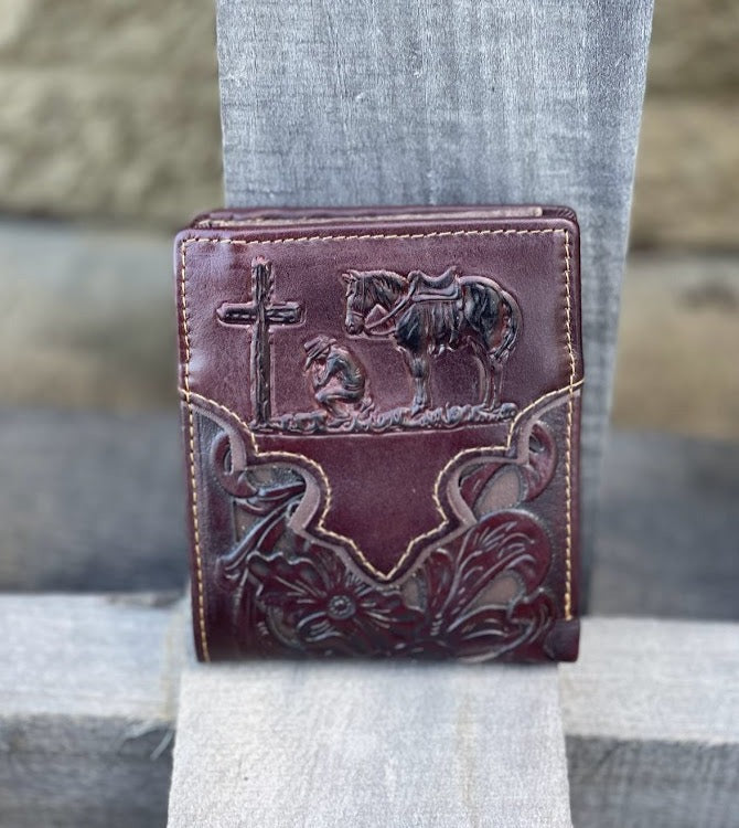 Coffee Brown leather bifold wallet with Brown inlay and a embossed Praying Cowboy design. Front View