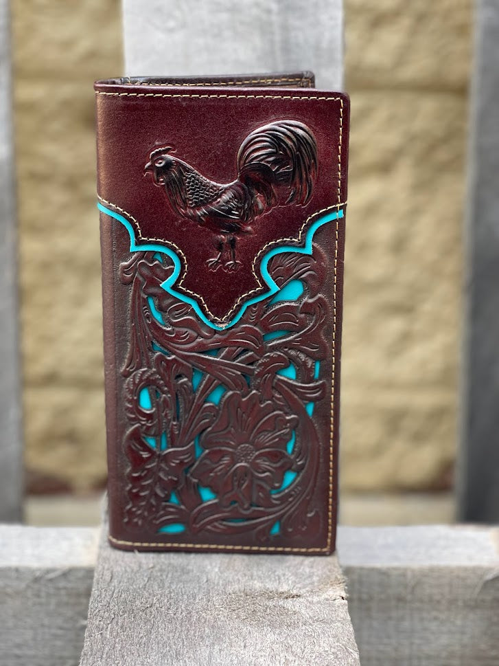 Coffee Brown leather tall wallet with a embossed Rooster design and turquoise blue inlay. Front View