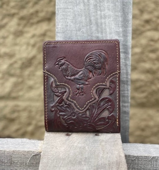 Coffee Brown bifold leather wallet with embossed Rooster design and a brown inlay. Front View