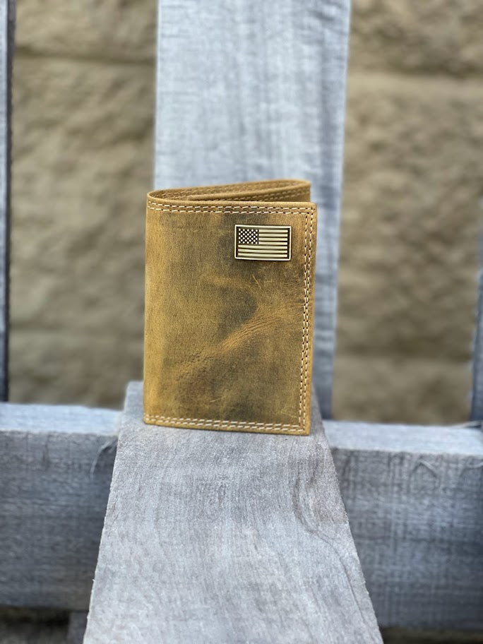 Zep Pro USA Flag Concho Vintage Tan Leather Tri-fold Wallet. Front view shows American flag concho at top right.