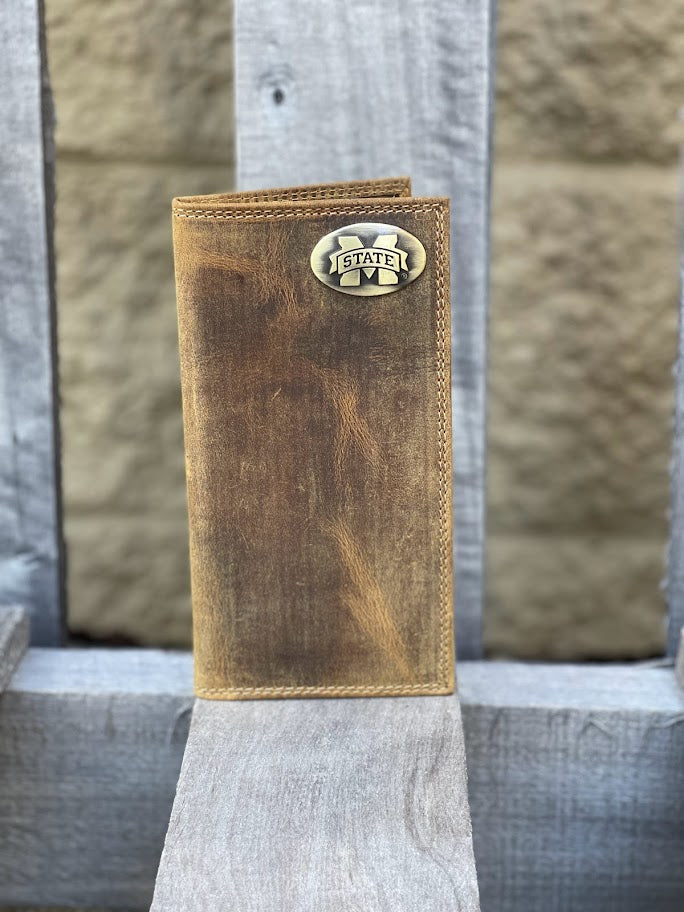 Zep Pro Mississippi State University Bulldogs Vintage Tan Leather Tall Wallet front view shown features brass M State logo concho on top right.
