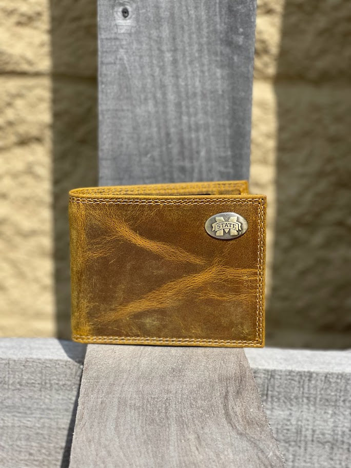 Zep Pro Mississippi State University Bulldogs Vintage Tan Leather Bi-fold Wallet. Front view shows brass M State logo concho on top right corner.