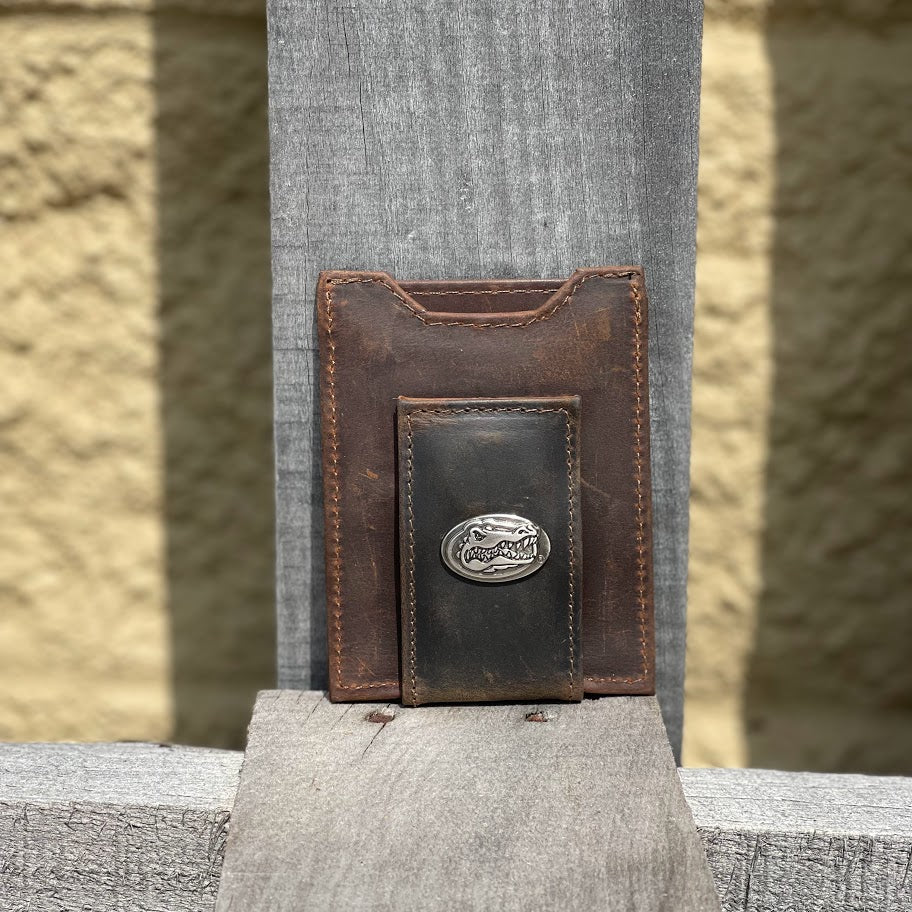 Zep Pro Florida Gators Brown “Crazy Horse” Leather Front Pocket Wallet with brass Gators logo oval concho on bill closure tab. Front view.