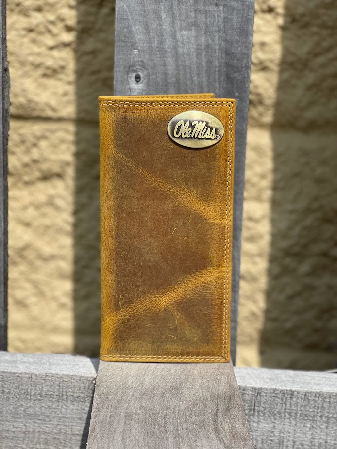 Zep Pro University of Mississippi Vintage Tan Leather Tall Wallet front view shown features Ole Miss logo brass concho on top right.