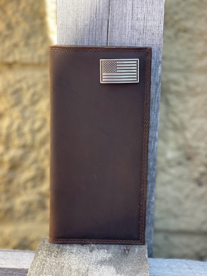 Zep Pro USA Flag Concho Brown “Crazy Horse” Leather Tall Wallet with metal American Flag concho in upper right corner. Front view