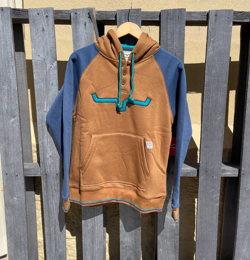 Women's Kimes Ranch Amigo Fleece Hoodie in brown with color blocking. Full front view showing Longhorn outline logo.