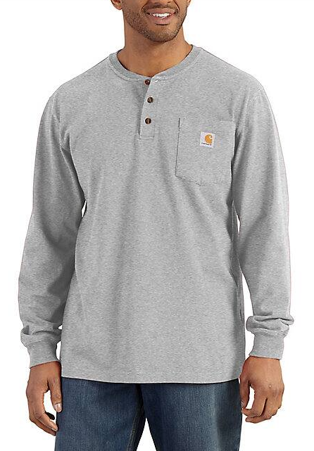Men's Carhartt heather grey long-sleeve Henley t-shirt with a Henley collar and a left-chest pocket.