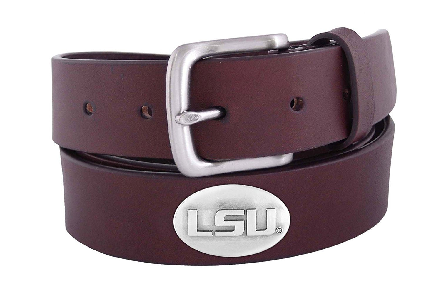 A Zep-Pro brown leather belt rolled up to show a silver metal buckle and an oval LSU silver tone concho.