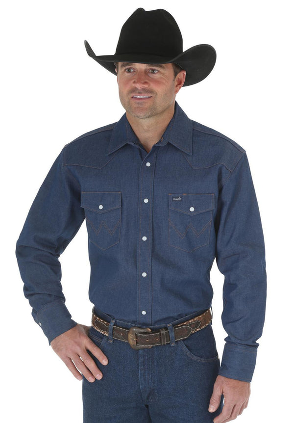Men's Wrangler MS70119 Denim Cowboy Cut® Firm Finish Long Sleeve Western Snap Solid Work Shirt