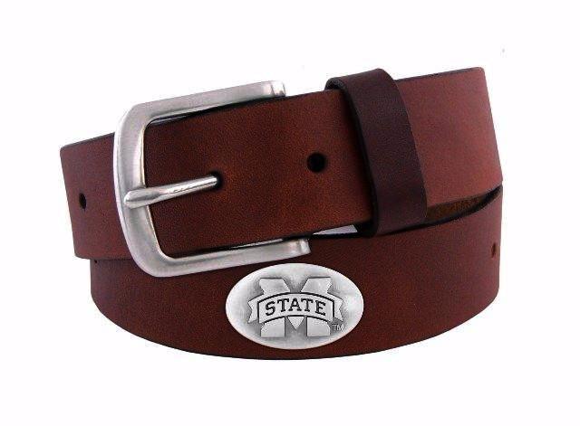 A Zep-Pro brown leather belt with a silver metal buckle and oval M State silver tone concho.