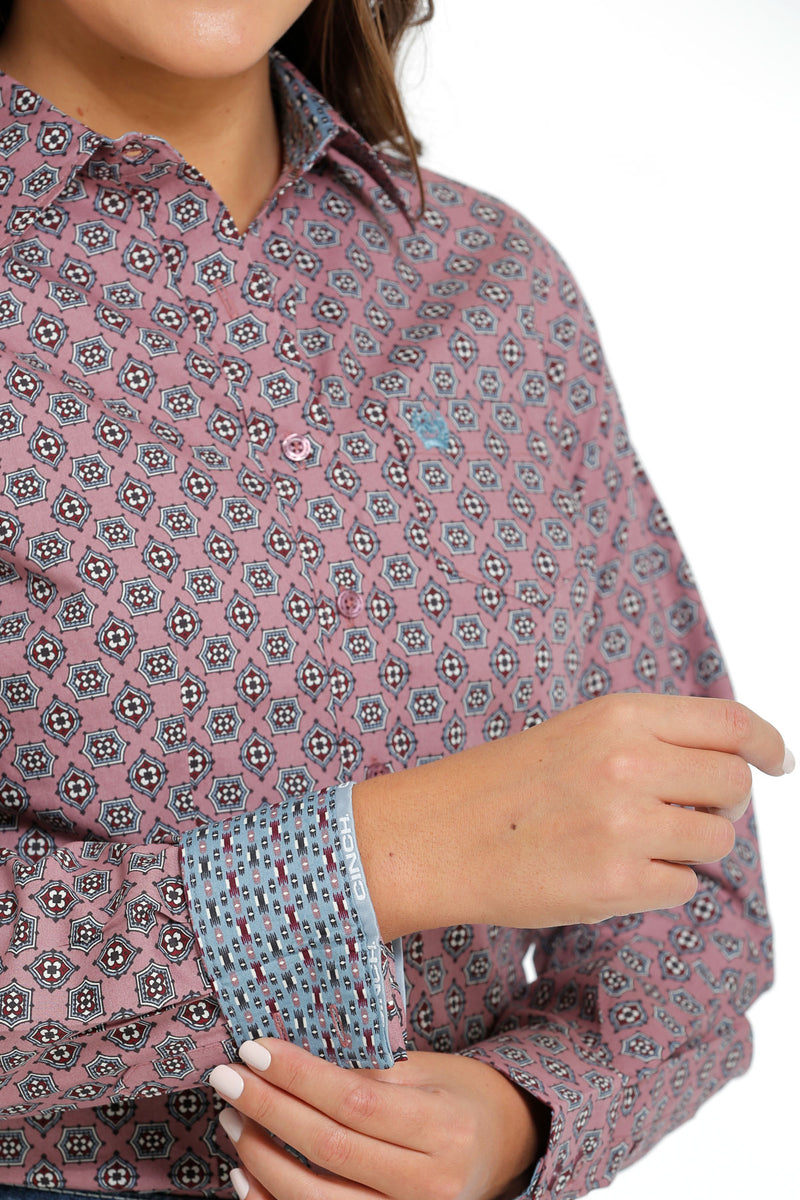 Women's Cinch MSW9164206 Pink Multi Print Plain Weave Button Long Sleeve Shirt