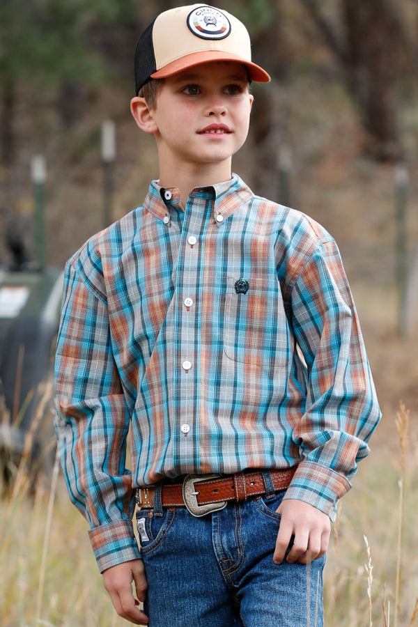 Boy's Cinch MTW7060322 Multi Colored Plaid Long Sleeve Button Down Shirt