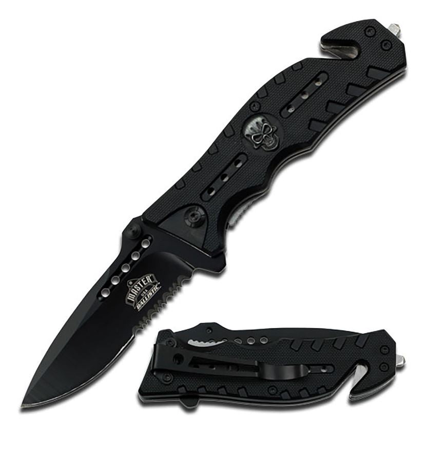 This Black knife has a 3.25 Inch long blade that is 3 MM thick. It features a skull medallion and a pocket clip.