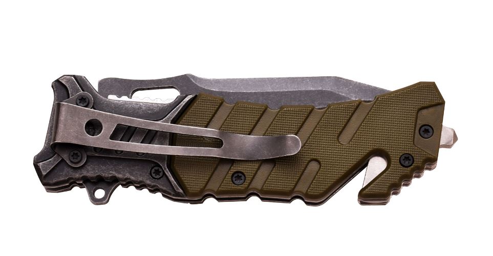 This stainless steel knife is silver and green. Closed