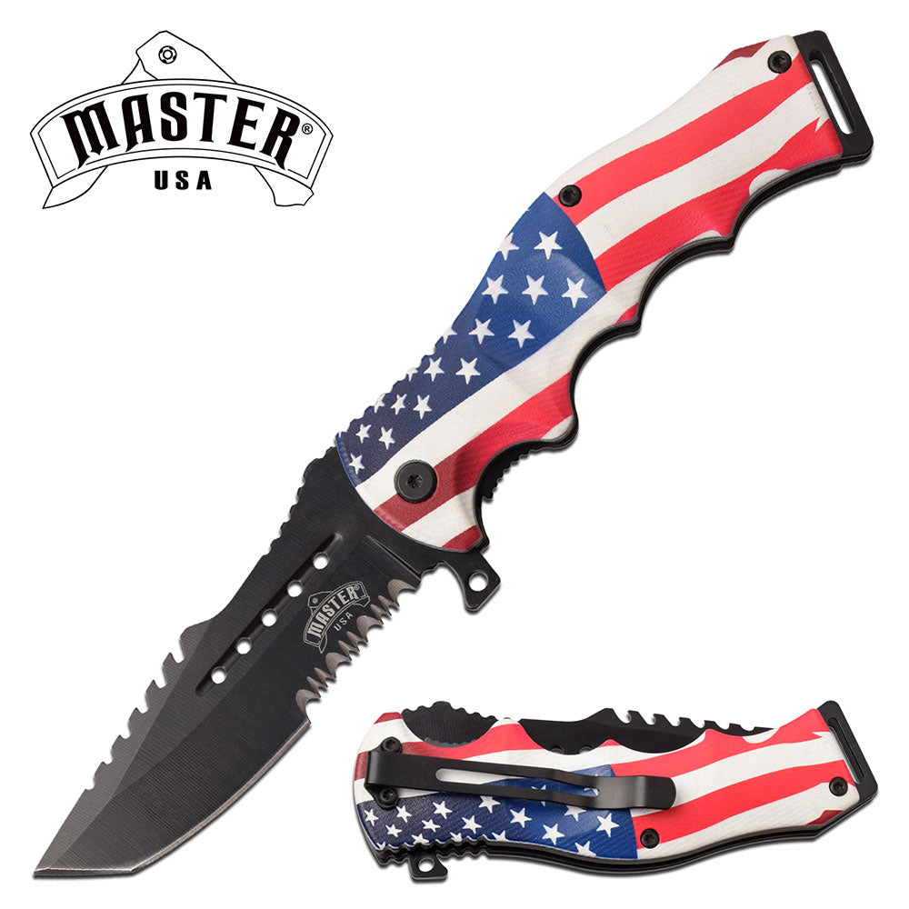 This American Flag design knife features a stainless steel blade.