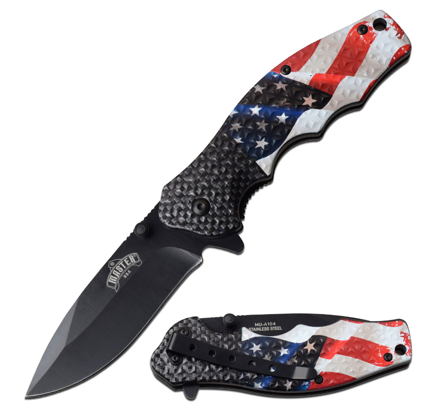 American Flag design knife with a stainless steel blade.