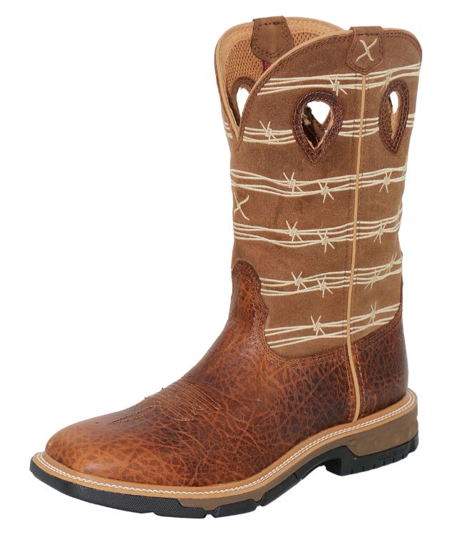 A profile view of a 12-inch brown and tan Twisted X Western work boot with CellStretch technology, featuring a square toe and a rubber outsole.