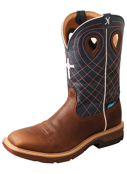 A profile view of a men's 12-inch mocha and navy waterproof western work boot with alloy toe and cellstretch technology. It features a brown leather vamp, a blue and brown shaft, and a rubber outsole.