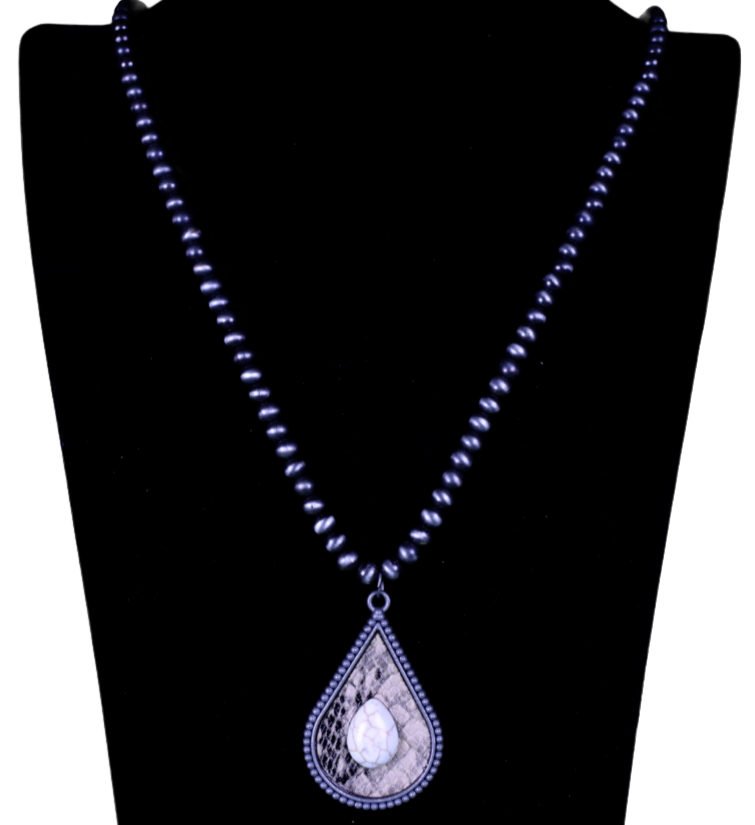 Animal Print Tear Drop Necklace w/Stone & Navajo Beads NKZ190825-07