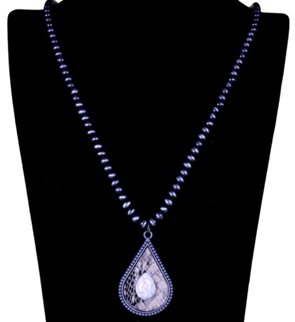 Animal Print Tear Drop Necklace w/Stone & Navajo Beads NKZ190825-07