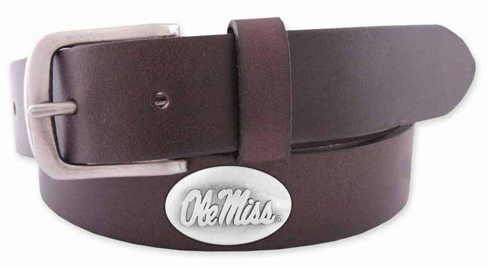 A Zep-Pro brown leather belt with a silver metal buckle and oval Ole Miss silver tone concho.