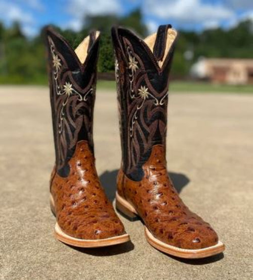 Women's Cowtown boots with a cognac full quill ostrich print, featuring a square toe and decorative stitching on the shaft.
