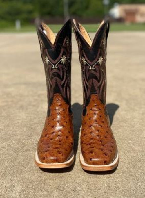 Women's Cowtown boots with a cognac full quill ostrich print, featuring a square toe and decorative stitching on the shaft. Front View