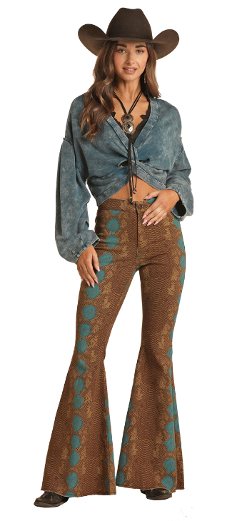 Women's Rock & Roll RRWD7PRZR4 Snake Skin Button High Rise Bell Button Jeans (SHOP IN-STORE TOO)