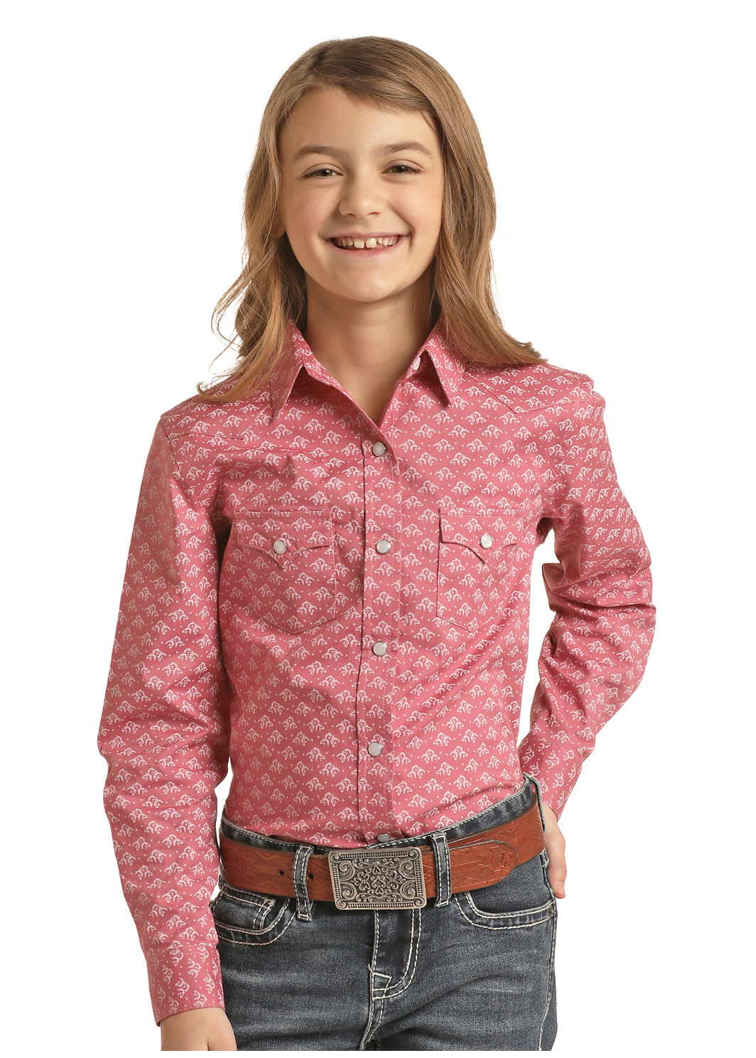 Girl's Panhandle RSGSOSRYTY Pale Burgundy All-over Print Long Sleeve Snap Shirt