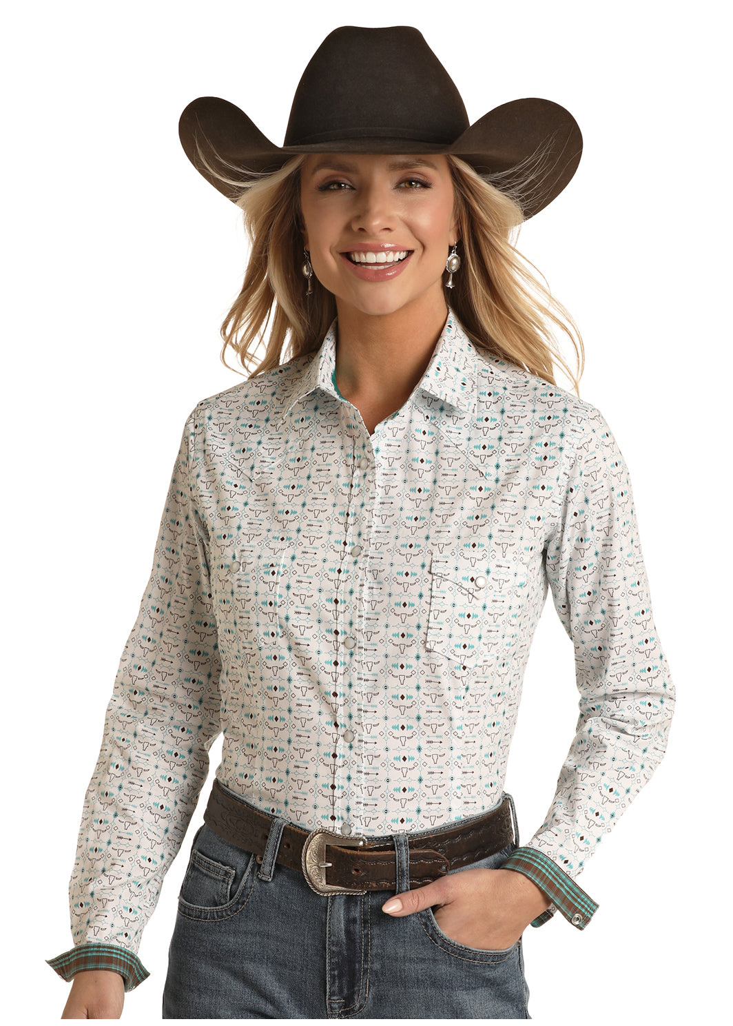 Women's Panhandle Western Wear RSWSOSRYT6 Stretch White All-over Print Snap Long Sleeve Shirt