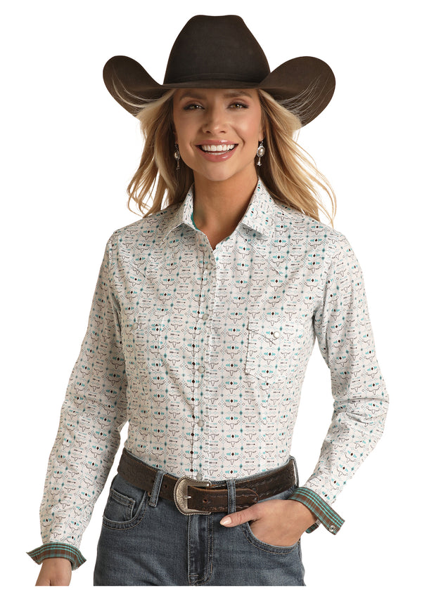 Women's Panhandle Western Wear RSWSOSRYT6 Stretch White All-over Print Snap Long Sleeve Shirt