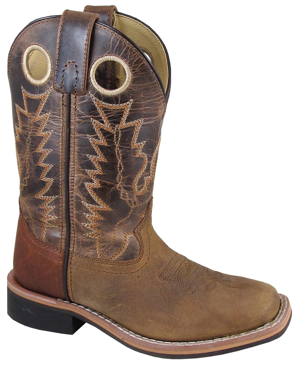 A youth-sized Smoky Mountain brand brown leather square toe boot in a distressed leather and a block heel.