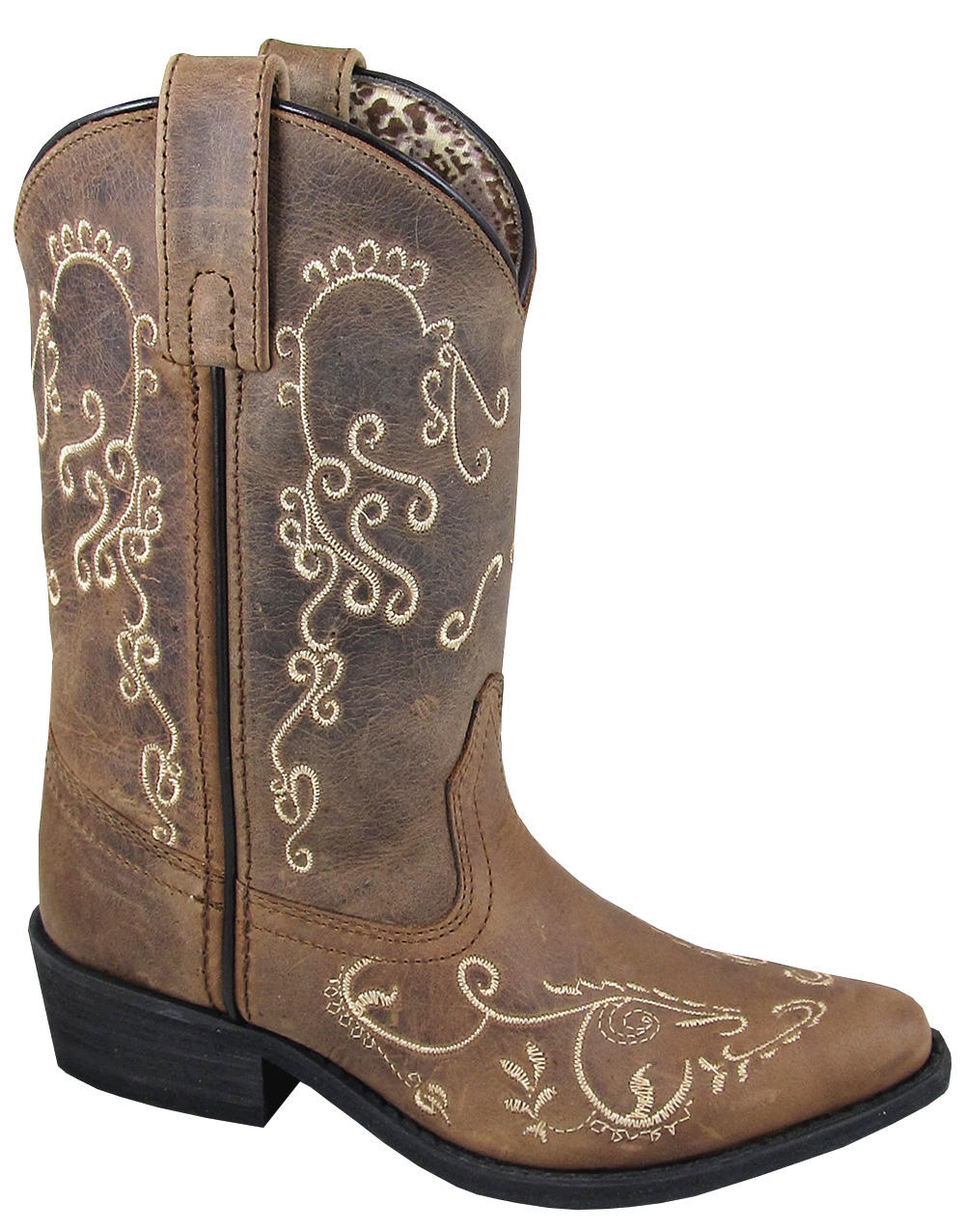 A girl's brown leather boot with scroll embroidery, a western heel, and a snip toe.