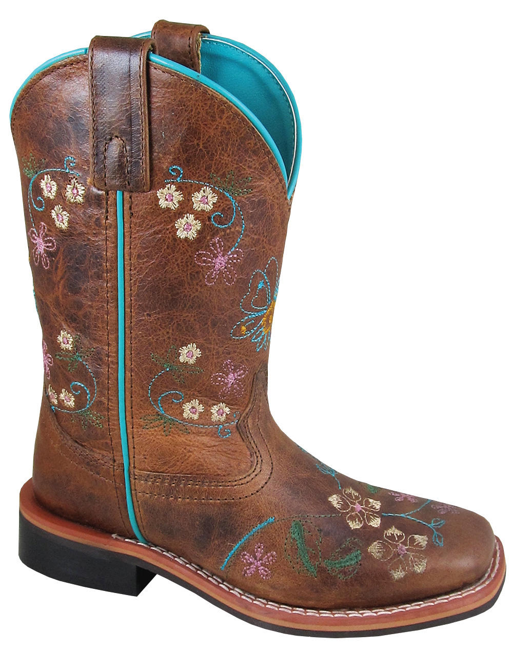 A girl's brown leather cowboy boot with floral scroll embroidery and a square toe.
