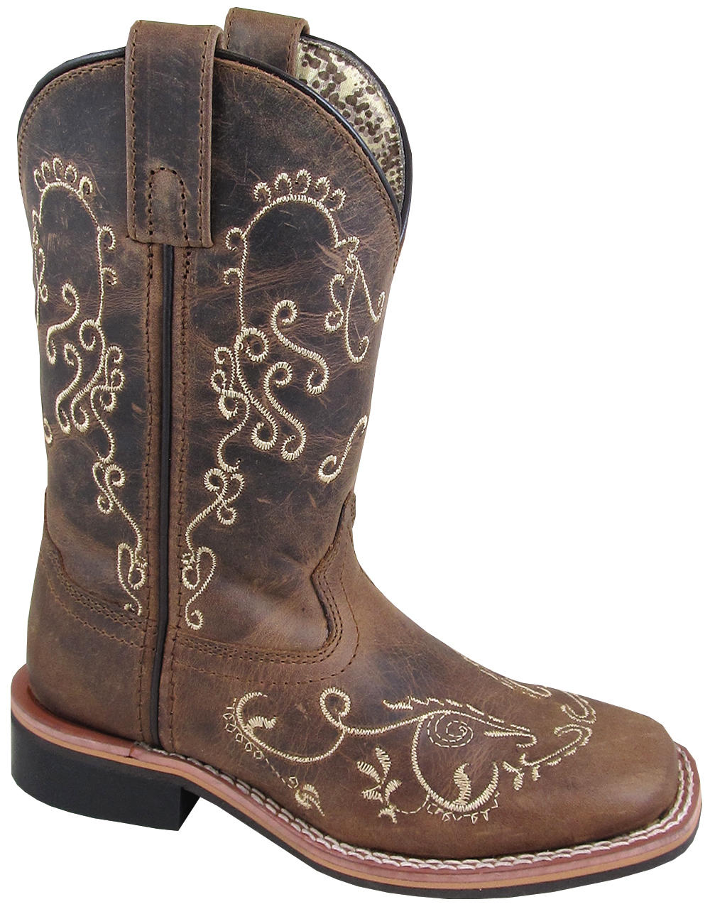 A girl's youth size brown leather cowboy boot with scroll embroidery and a square toe.