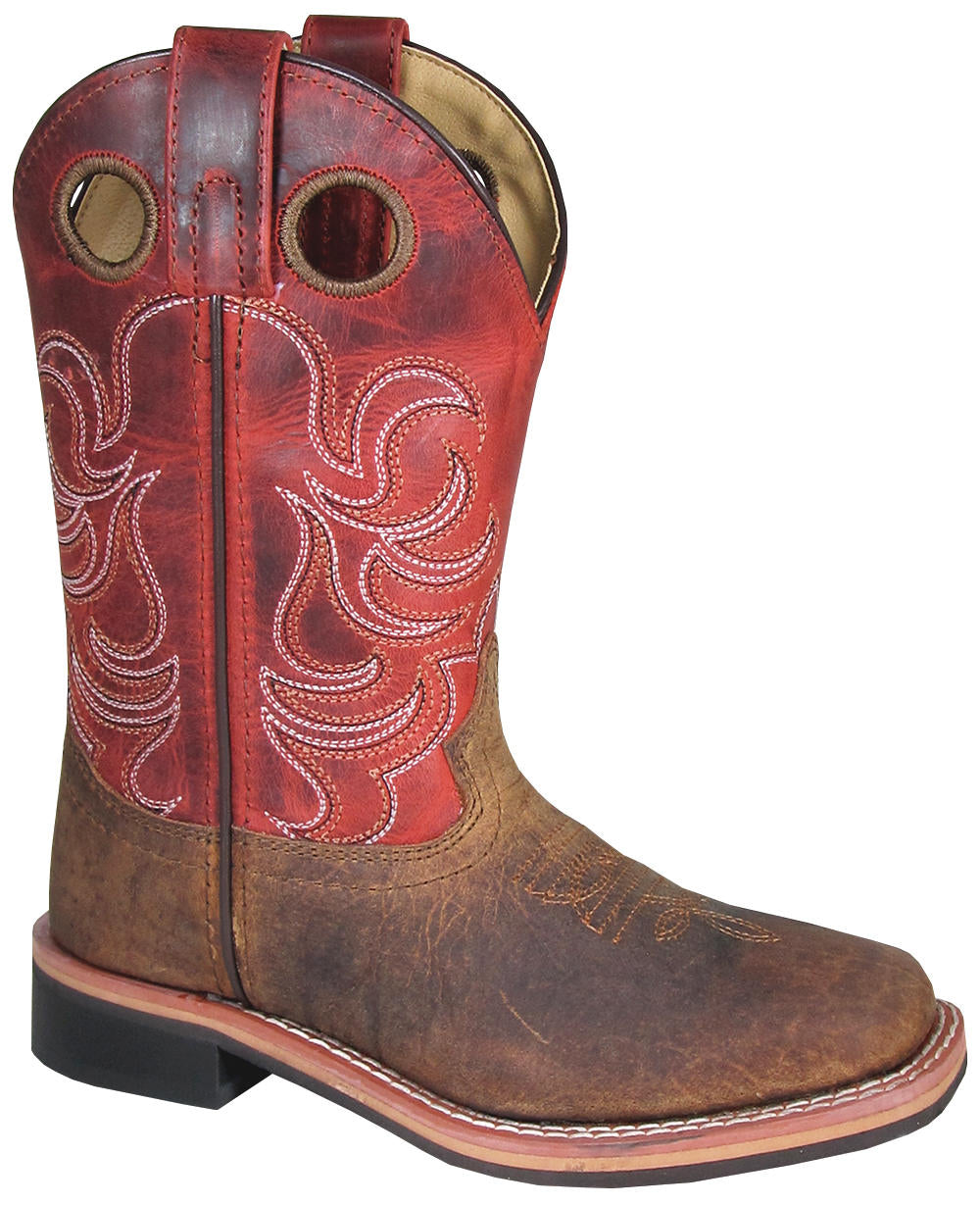 Children's Smoky Mountain Jesse distressed brown and burnt apple top square toe boot with a rubber sole and block heel.
