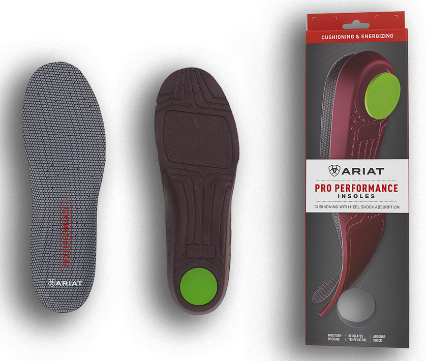 Packaging and insole view of Ariat Men's Pro Performance Insole Round Toe, showcasing the insole itself with red and gray colors and green accents, along with the product's packaging.