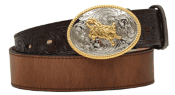 Children's brown leather belt with floral embossed ends and a bullrider buckle.