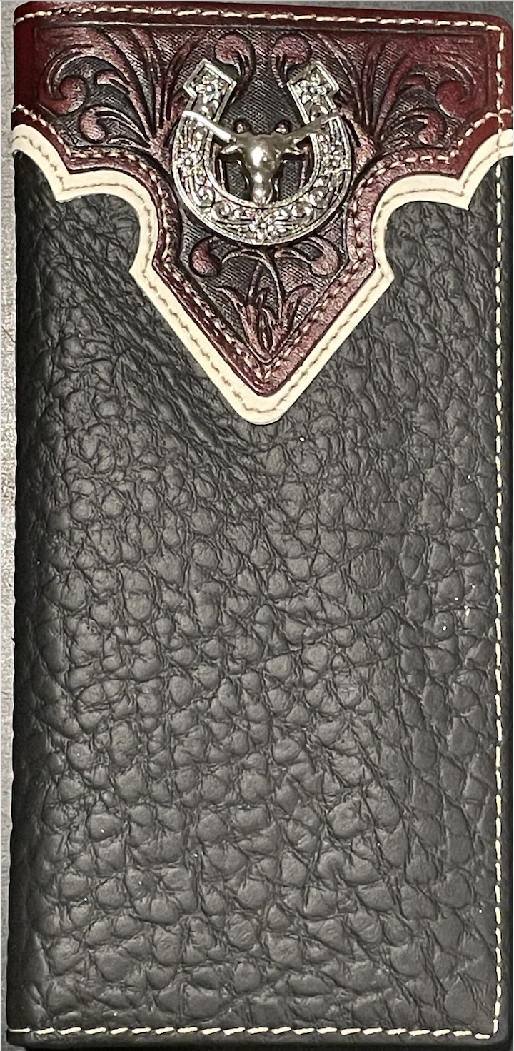 Top Notch Accessories 107BK Black Floral Embossed w/Horseshoe/Longhorn Concho Tall Wallet