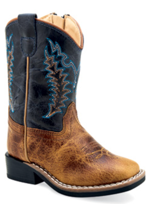 Infant's Old West Burnt Brown and Cactus Navy square toe western boot. Side View